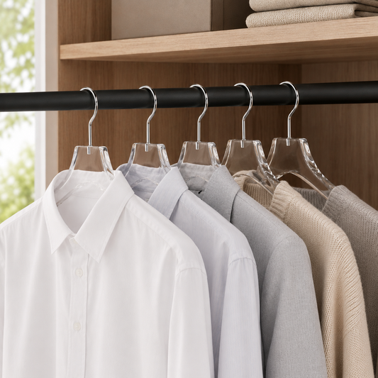 Transparent acrylic hangers holding premium garments