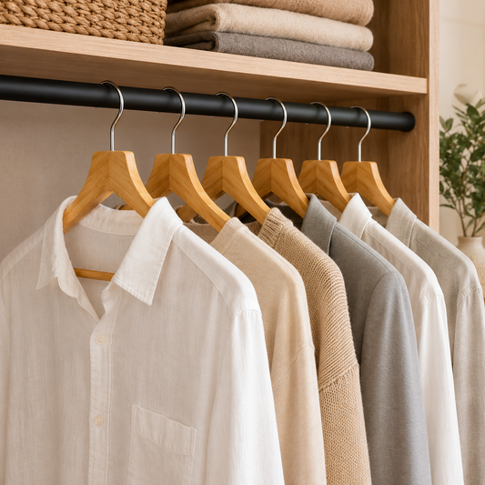 Bamboo hangers holding shirts, knitwear, and jackets