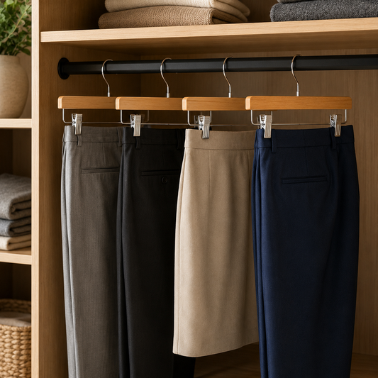 Wooden clip hangers holding dress trousers and skirts neatly
