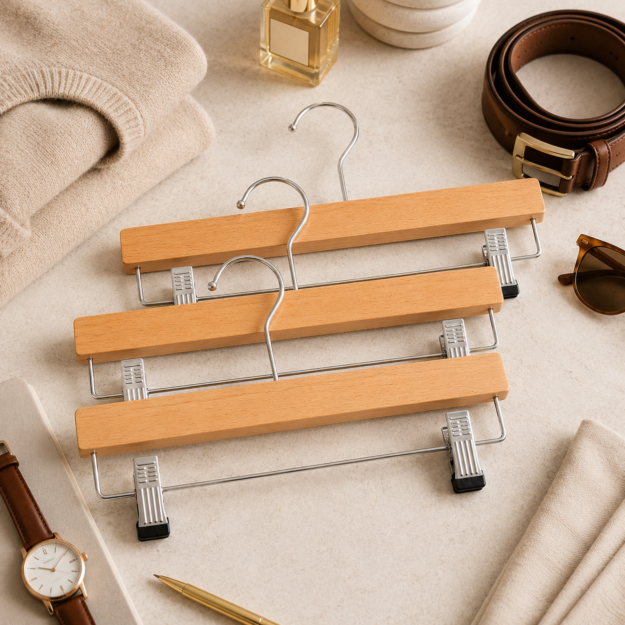 Wooden clip hangers displaying tailored trousers in a luxury dressing