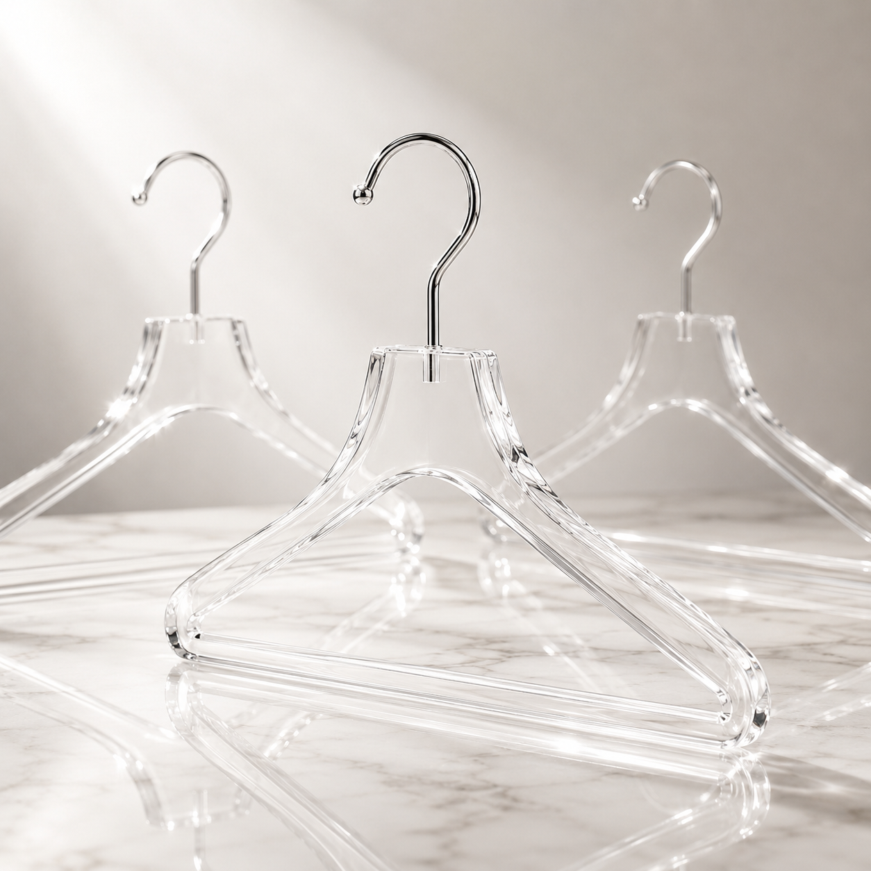 Crystal-clear acrylic hangers displayed on a white marble surface