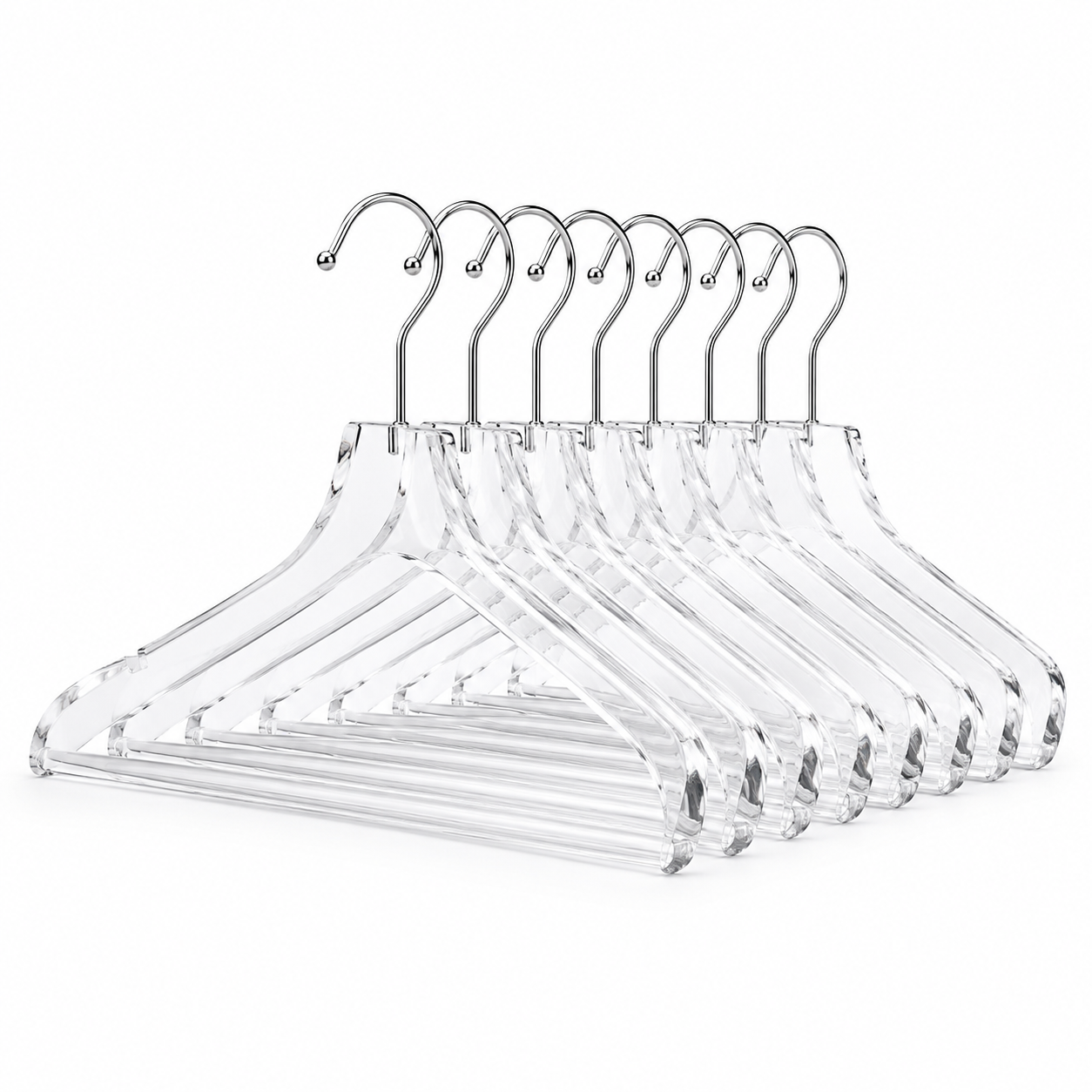 Set of crystal-clear acrylic clothes hangers with polished edges