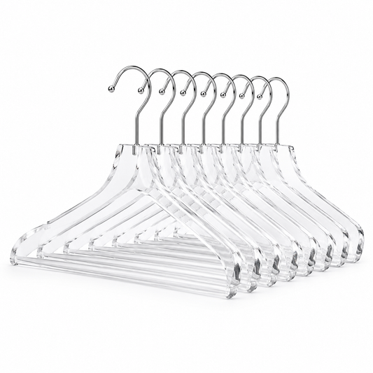 Set of crystal-clear acrylic clothes hangers with polished edges