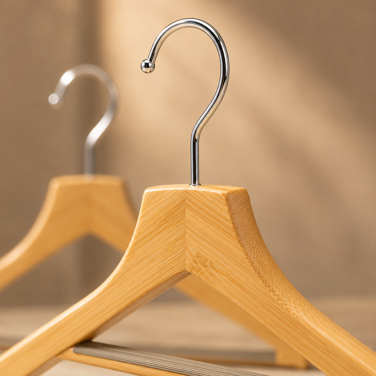 Macro close-up of natural bamboo grain and chrome hook connection 
