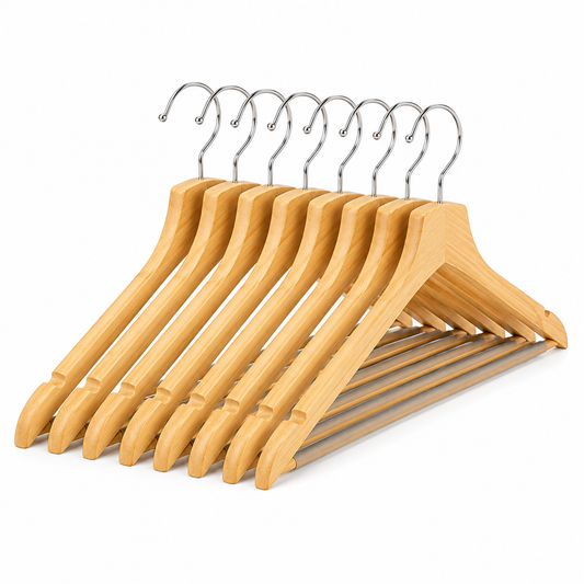 Stack of FSC-certified bamboo clothes hangers with chrome hooks 