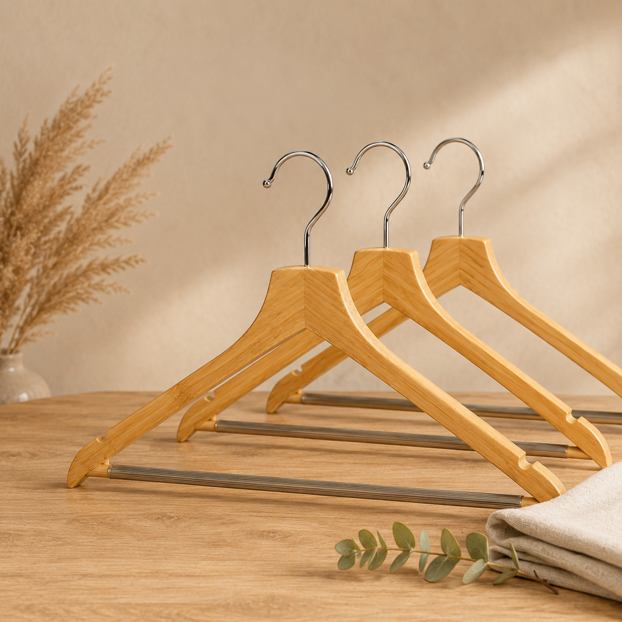 Natural bamboo hangers displayed on a premium wood surface 