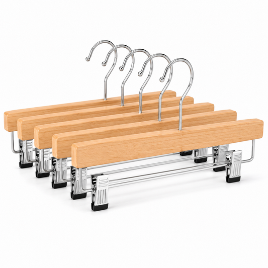 Wooden clip hangers with chrome adjustable clips and rubber-lined jaws 