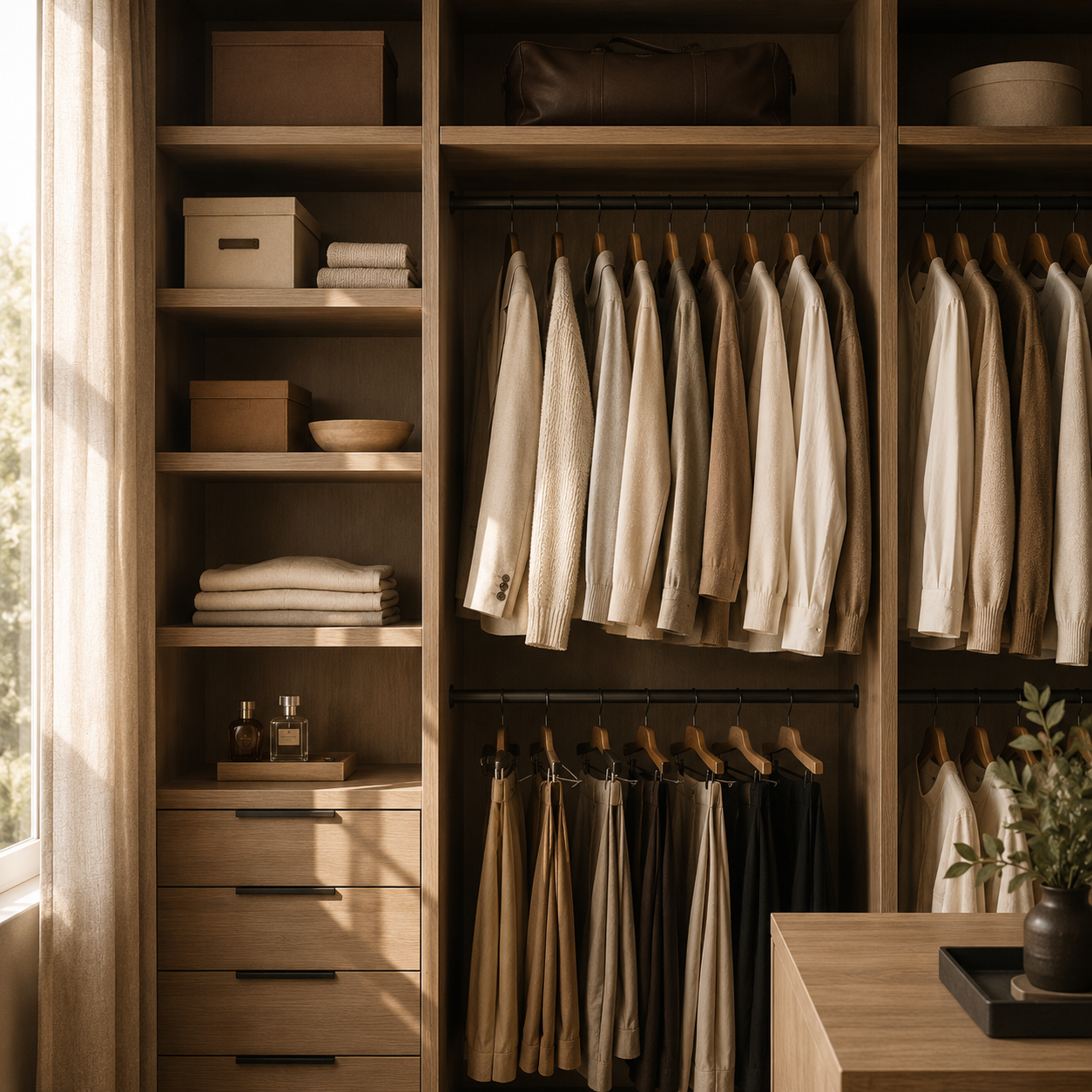 Spacious luxury wardrobe with folded clothing, hanging garments, wooden shelving, drawers, and premium wardrobe organization.