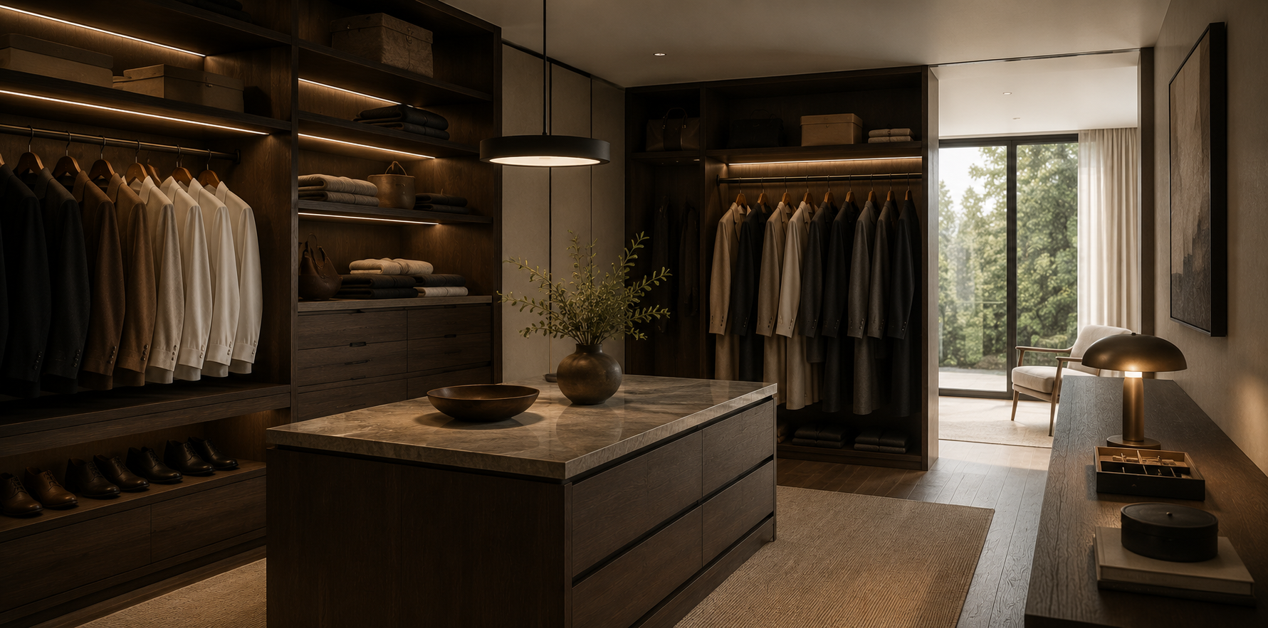 Modern walk-in closet featuring premium wooden clothes hangers, organized garments, built-in shelving, folded clothing, and elegant wardrobe storage with warm ambient lighting