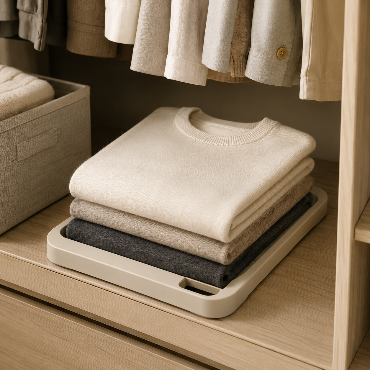 Elegant walk-in wardrobe featuring organized clothing, wooden hangers, storage shelves, shoes, and accessories in warm neutral tones.