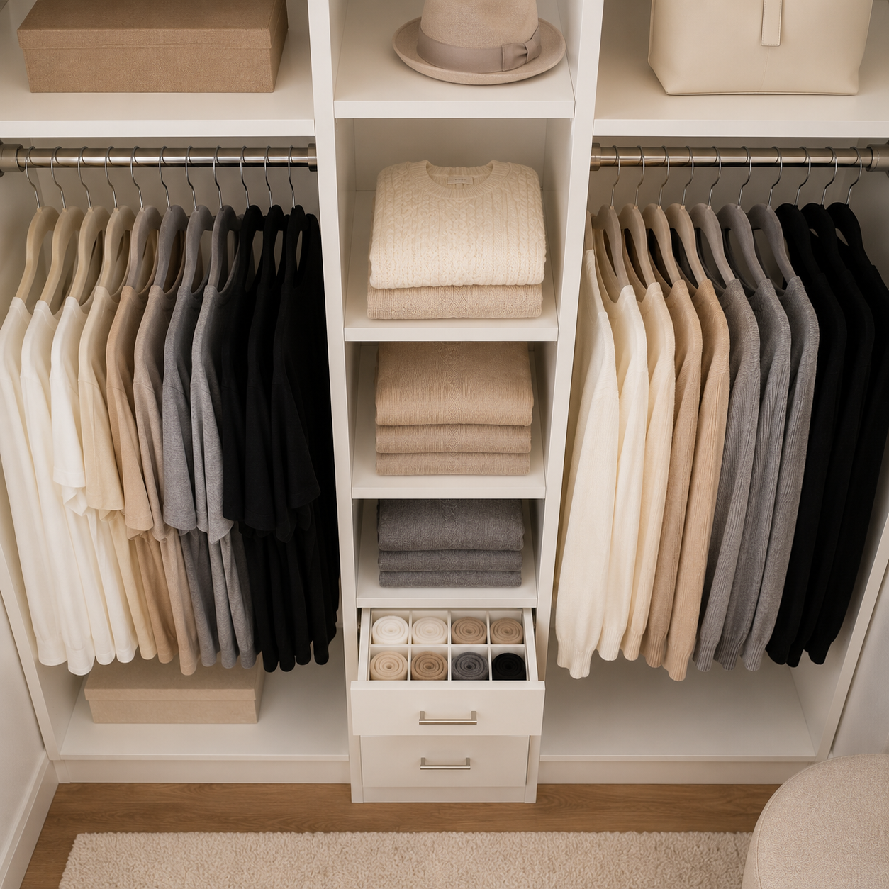Premium slim velvet hangers neatly organizing neutral-colored clothing inside a clean white wardrobe 
