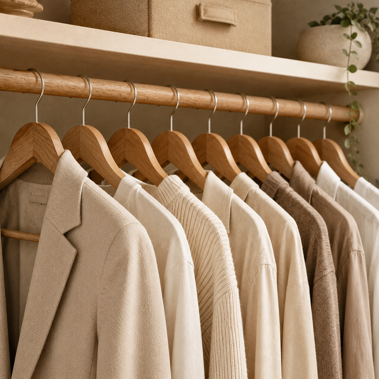 Luxury wardrobe with premium wooden hangers holding neatly organized neutral clothing in a modern walk-in closet.