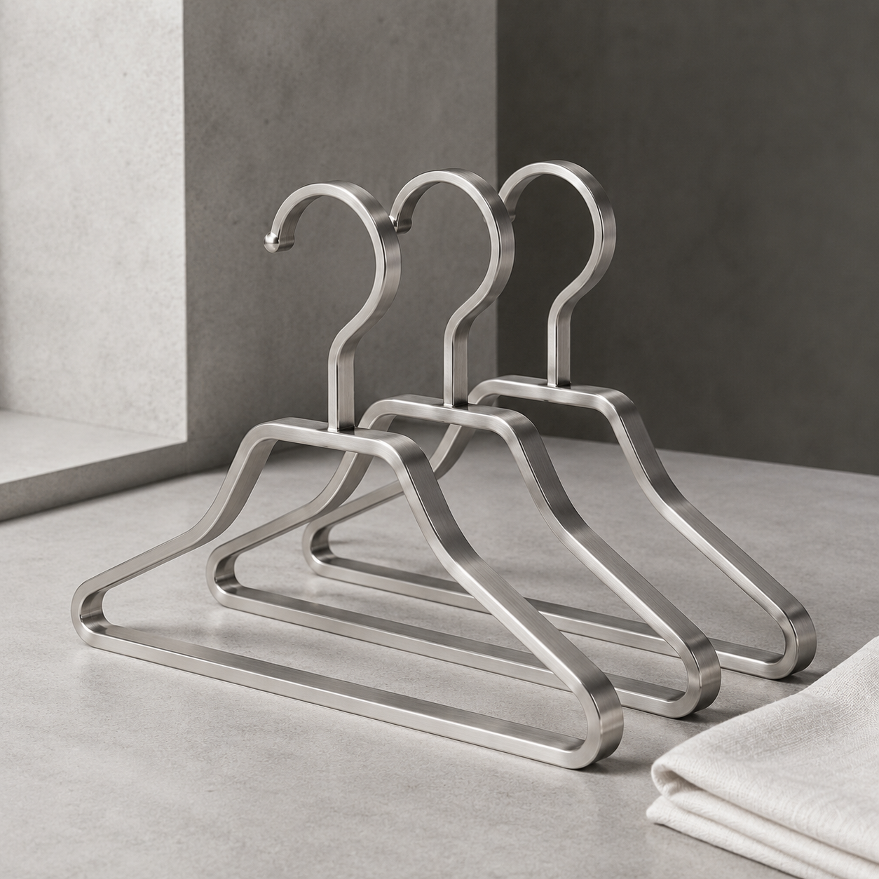 Brushed stainless steel hangers displayed on a premium stone surface 