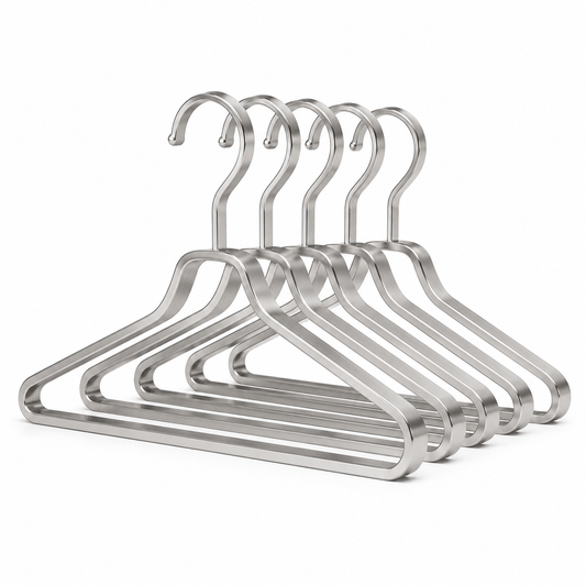 Stack of brushed stainless steel clothes hangers 