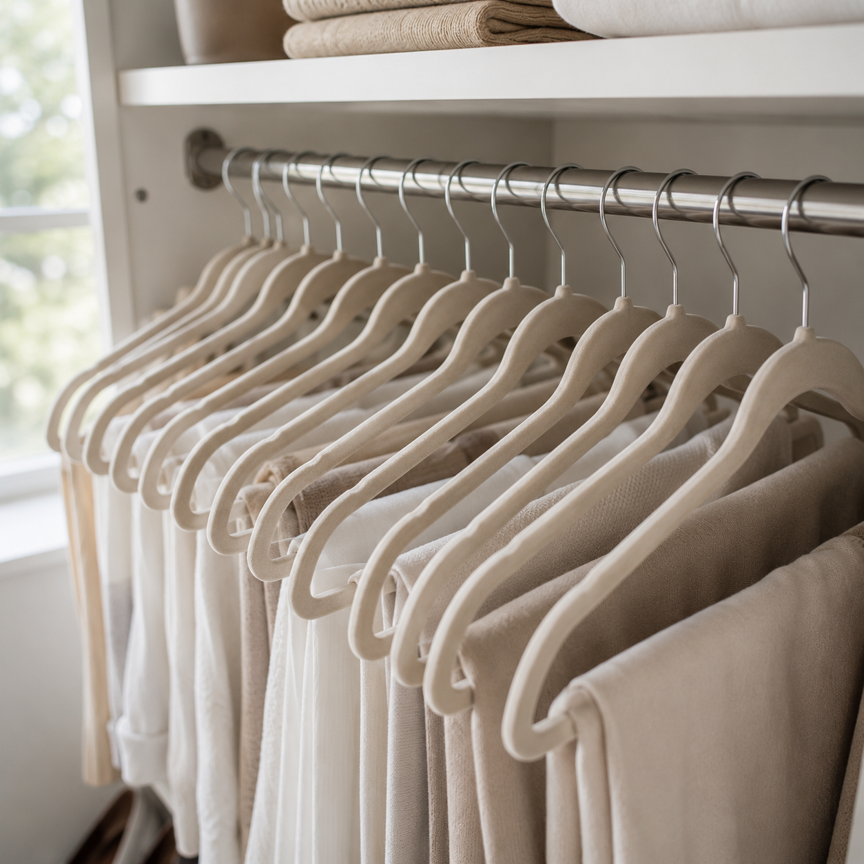 Close-up of premium slim velvet hangers on a wardrobe rail holding neatly arranged beige, white, and cream clothing