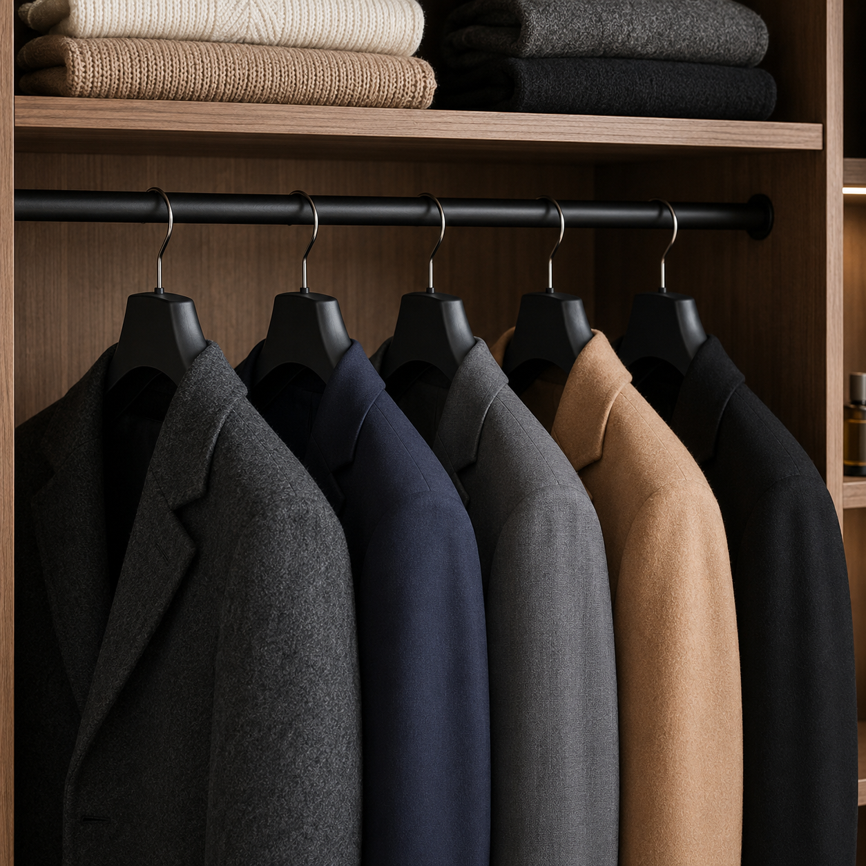 Extra-wide coat hangers holding premium coats and structured jackets