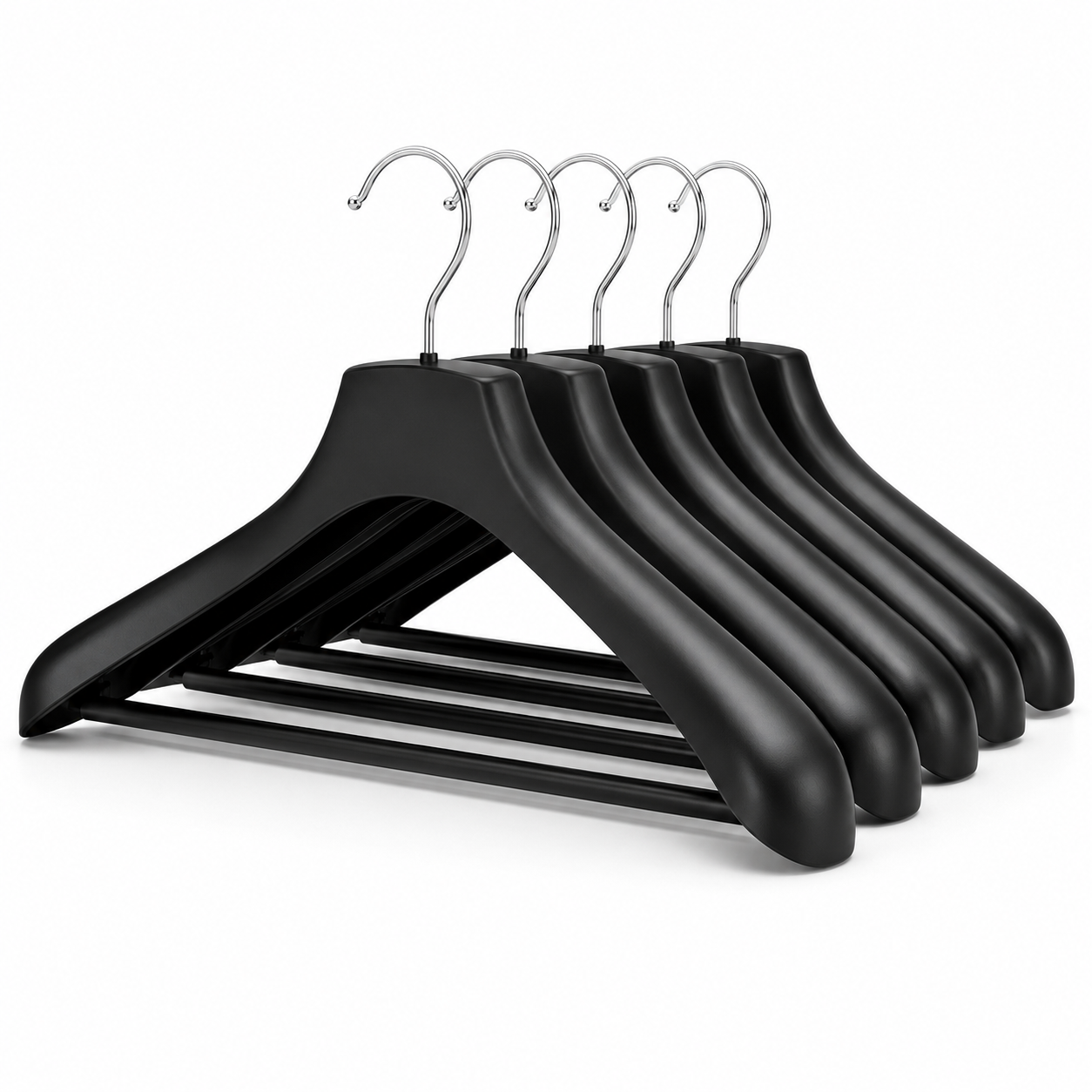 Extra-wide matte black coat hangers with shoulder supports 