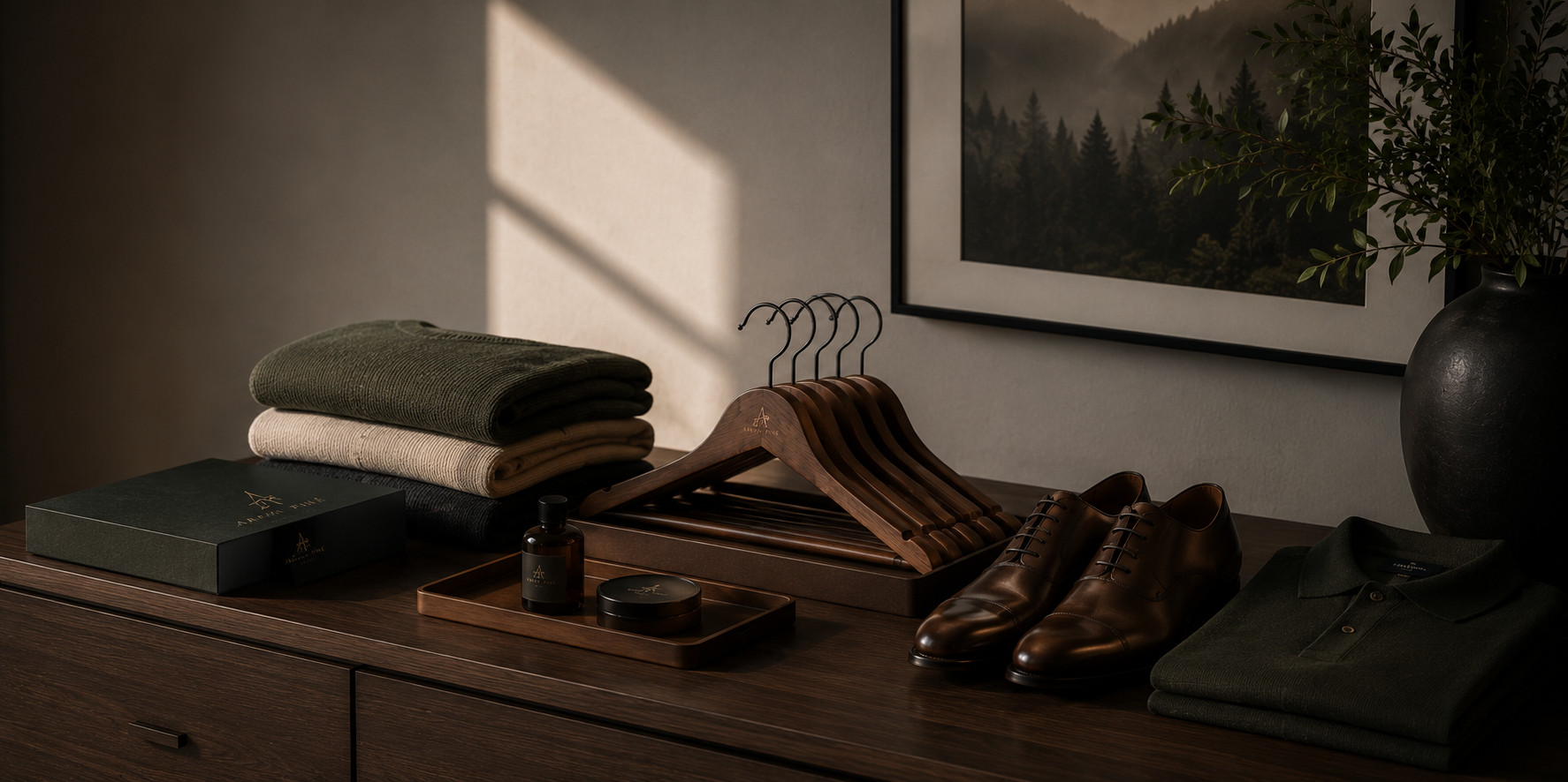 Dark wooden clothes hangers displayed on a dresser alongside folded clothing, leather shoes, and wardrobe accessories in a modern interior setting